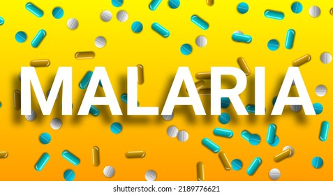 Malaria World With Shadow On Yellow Gradient Colour And Medicine On Table. Concept For Advanced Medicine Reasearch And Since.