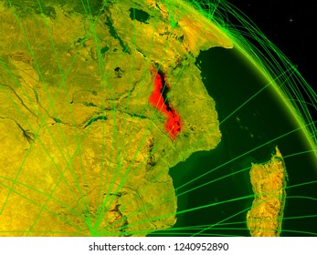 Malawi from space on model of digital planet Earth with network. Concept of digital technology, connectivity and travel. 3D illustration. Elements of this image furnished by NASA.