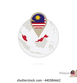 Malaysia Map And Flag In Circle. Map Of Malaysia, Malaysia Flag Pin. Map Of Malaysia In The Style Of The Globe. Raster Copy.
