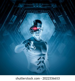 Male android cyborg point - 3D illustration of science fiction robot man with glowing red robotic eye pointing finger inside dark alien space ship corridor