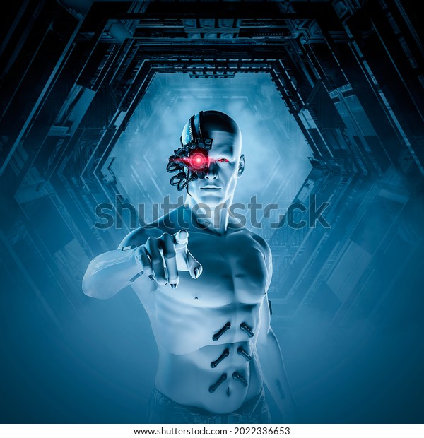Male android cyborg point - 3D\
illustration of science fiction robot man with glowing red robotic\
eye pointing finger inside dark alien space ship\
corridor