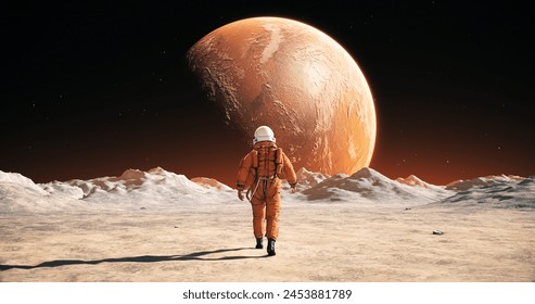 Male Astronaut In Space Suit Walking On Alien Planet. Planet Mars Is Visible. Space Related Majestic Scene. - Powered by Shutterstock