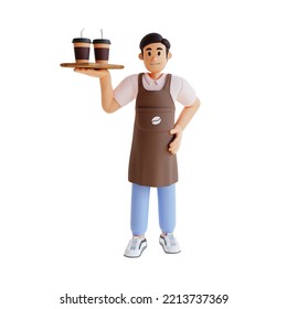 male barista carrying two cups of coffee a customer ordered 3d character illustration - Powered by Shutterstock