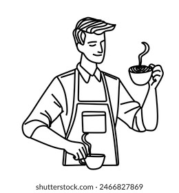 Male Barista Making Coffee - Vector Outline Illustration. Smiling male barista in apron making cappuccino in cup. Happy man waiter prepare coffee in cafe show good quality service. Coffee shop art. Ve - Powered by Shutterstock