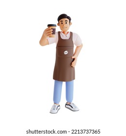 male barista standing while holding a cup of coffee 3d character illustration - Powered by Shutterstock