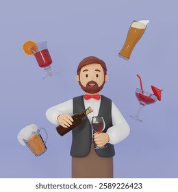 Male bartender pouring alcoholic drink into glass. Bar drinks, beer, wine, cocktails. 3D character. 3 renderings.