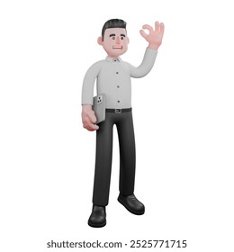 Male Businessman Character in Strategy 3D. A male businessman is standing with a tablet tucked in right hand while left hand is raised to give an ok symbol. Professional - Powered by Shutterstock