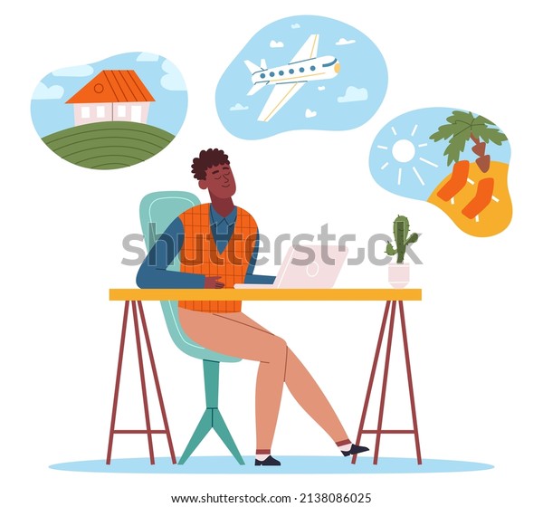 Male character dreaming about financial health,\
house and car. Dreamy man thought about business success and wealth\
 illustration. Dreaming pensive person sitting at workplace with\
bubbles
