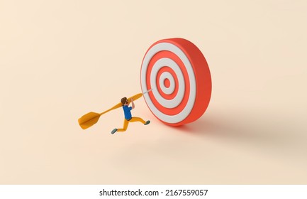 Male Character Throwing Dart Into A Target. Business Goals Concept. 3D Rendering