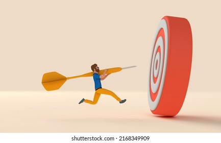 Male Character Throwing Dart Into A Target. Business Goals Concept. 3D Rendering