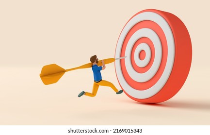 Male Character Throwing Dart Into A Target. Business Goals Concept. 3D Rendering