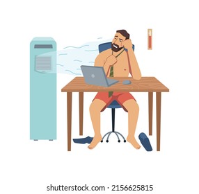 Male Character Working In Summer Heat Office Room, Undressed Man Personage Using Portable Air Conditioner To Cool Down. Uncomfortable Workplace For Concentration. In Flat Cartoon Style