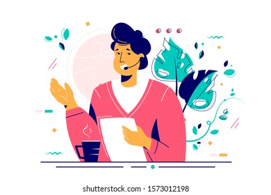 Male consultant in headset consulting with paper report illustration. Professional assistant communication with wireless device for calling flat design concept - Powered by Shutterstock