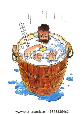 Male contraception. A man bathes in a wooden bath. Humorous watercolor illustration