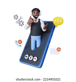 male customer service agent with headsets talking via video call using cell phone 3d character illustration - Powered by Shutterstock