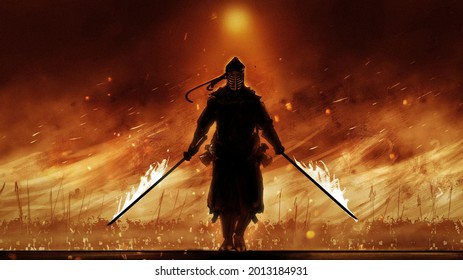 male demon warrior samurai with two fiery katana swords is aggressively approaching the enemy, behind him an army of loyal comrades with , around a burning battlefield in smoke 2d illustration