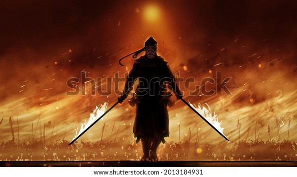 male demon warrior samurai with two fiery\
katana swords is aggressively approaching the enemy, behind him an\
army of loyal comrades with , around a burning battlefield in smoke\
2d illustration