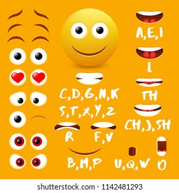 Male Emoji Mouth Animation Design Elements. Lip Sync Mouth Shapes For Animation And Eyes, Eyebrows For Cool Smiley Creation.