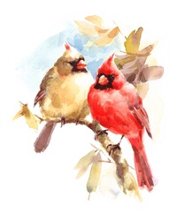 Male And Female Cardinals Sitting On The Branch Two Birds Watercolor Hand Painted Greeting Card Fall Illustration