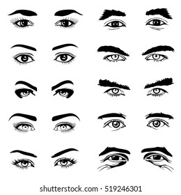Male and female eyes and eyebrows elements. Human eyeball and look illustration