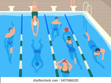 Male and female flat cartoon characters wearing caps, goggles and swimwear jumping and swimming or divining in pool. Men and women performing sports activity in water. Modern illustration - Powered by Shutterstock