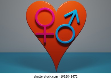 Male And Female Gender Symbols Inside A Red Heart. Romantic Heart Valentines Day. Masculine And Feminine Symbols Signs Genders. St. Valentine Day Background. 3D Illustration