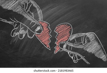 Male And Female Hands With Broken Heart. Conflict Between Women And Men. Concept Of Love, Life, Reunion, Conciliation, Mercy, Health. Happy Valentine's Day. World Heart Day. Chalk Drawing Illustration