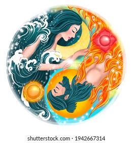 male and female harmony, couple in love meditation. symbol of the moon and sun inner woman and man, fire and water