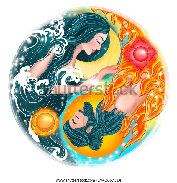 male and\
female harmony, couple in love meditation. symbol of the moon and\
sun inner woman and man, fire and\
water