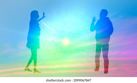 Male And Female Silhouettes With Air High Five