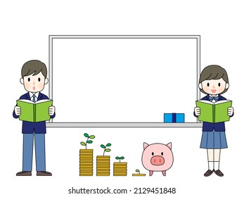 Male And Female Students Reading Financial Education Books In Front Of The Whiteboard