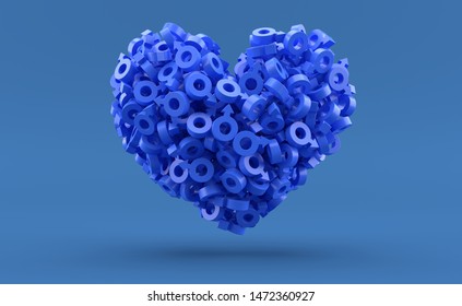 Male Gender Symbol In Heart Shape Isolated On Blue Background. 3d Illustration