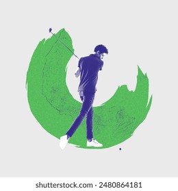 Male golfer swinging club against white background with green abstract elements. Contemporary art collage. Golf Tournament Promotion. Concept of sport, competition, game, active lifestyle. - Powered by Shutterstock