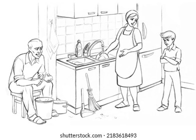 Male Guy Does Cook Eat Meal Speak Teach Prepare Cut Peel Potato Food. Hand Drawn Spoil Bad Upset Lazy Teen Express Sad Moody Broom Job Stand Do Not Want Wash Up Dish Care Art Dirty House Floor Routine