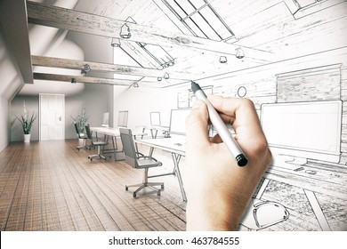 Male hand drawing unfinished project of country style coworking office interior. 3D Rendering - Powered by Shutterstock