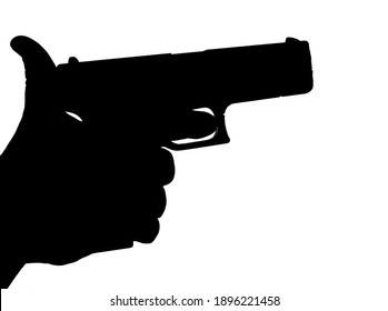 Male Hand Holding Gun Isolated On White Background. Silhouette Of  Black Pistol. Finger On The Trigger Of The Gun