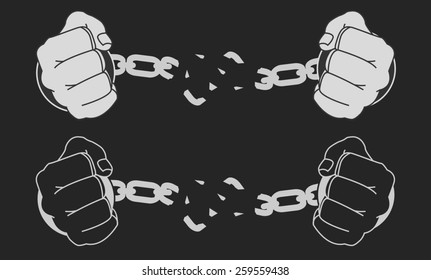 Male hands breaking steel handcuffs. Chalk raster clip art illustration isolated on blackboard