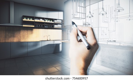 Male hands drawing abstract unfinished kitchen interior sketch. Architecture and engineering concept. 3D Rendering 