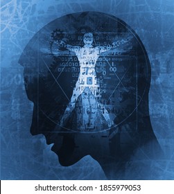 
Male head with Vitruvian man,  concept for  technology and science.
Illustration of stylized young man head in profile and  vitruvian man with a binary codes.The image does not show real people.
