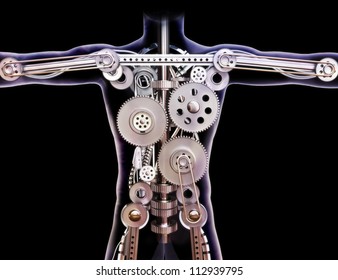 Male human xray with internal gears on a black background. Built like a machine or futuristic concept.
