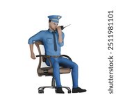 Male Law Cartoon 3D Animation. A male police officer sits with his right hand carrying a ht. Police Officer