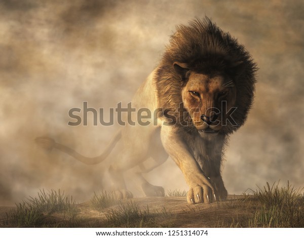 A\
male lion stalks towards you out of the fog.  He has a rather angry\
look on his face, as if he just figured out that it is you that has\
been teasing him with a laser pointer.  3D Rendering\

