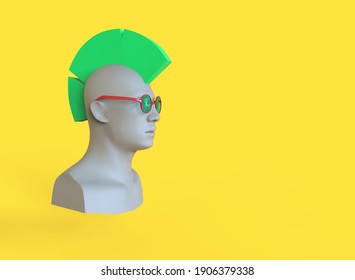 Male Mannequin Head With Green Hair Mohawk. 3d Render Minimal Illustration