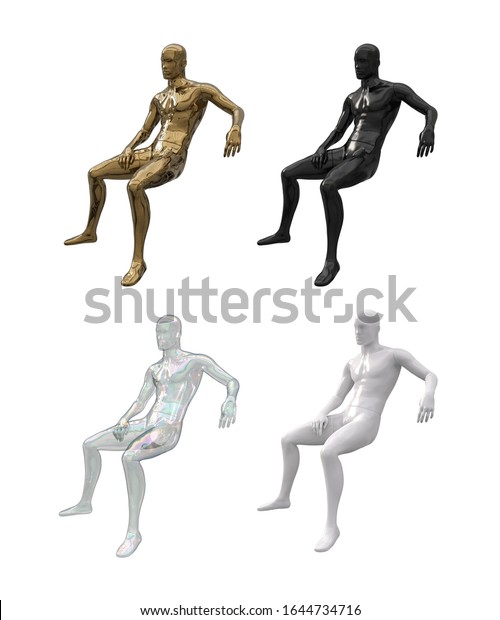 男性のマネキンは横向きに座る 店舗向けの店頭デザイン 白 黒 透明 金色の男性マネキンのセット 座った姿勢の男性の体 衣服のマネキン 3dイラスト の イラスト素材