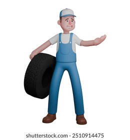 Male Mechanic Automotive Professional. A mechanic stands with his right hand holding the wheel and stretches his left arm. 3D Cartoon - Powered by Shutterstock