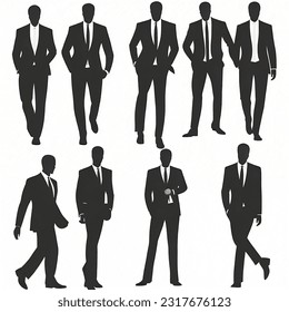 Male model silhouette set vector wearing a suit and standing in different positions. - Powered by Shutterstock