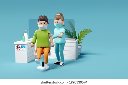 A male patient receiving a Covid-19 Vaccination from a nurse at a vaccination centre. Medical People characters 3D illustration. - Powered by Shutterstock