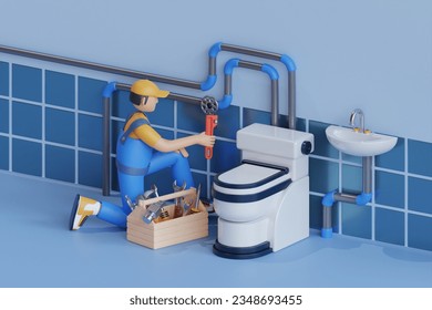 A male plumber inspects pipes for the central water supply of the toilet. Plumber in the bathroom, plumbing repair service. 3D illustration - Powered by Shutterstock