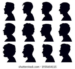 Male Profile Face Silhouette. Adult Men Anonymous Characters Shadow Portraits. Men Heads Black Outline Silhouettes  Illustration Set