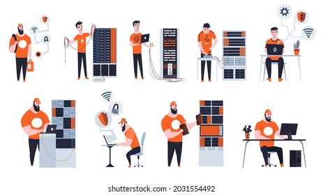 Male sysadmin work. Different situations of maintaining or repairing server. Maintaining work, repairing and adjusting network connection. Technical engineers work on system maintenance